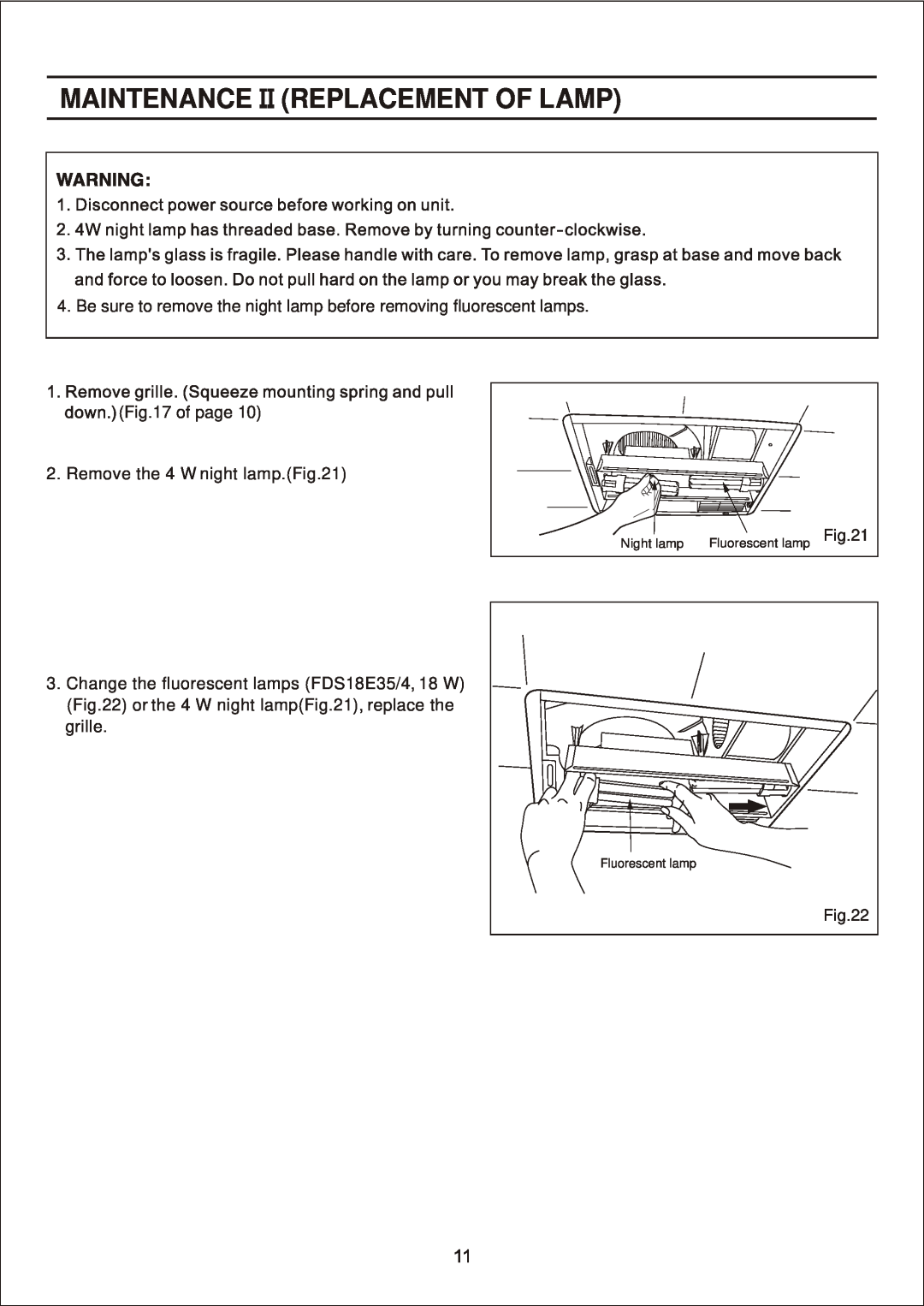 Panasonic FV-11VH2 manual Maintenance Replacement Of Lamp, of page 2. Remove the 4 W night lamp 