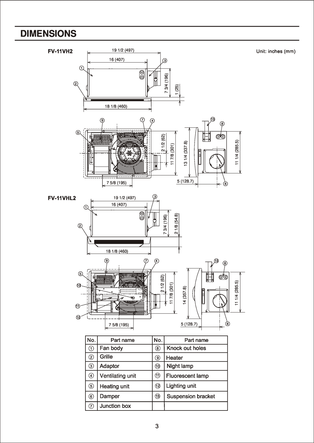 Panasonic FV-11VH2 manual Dimensions, Ventilating unit 