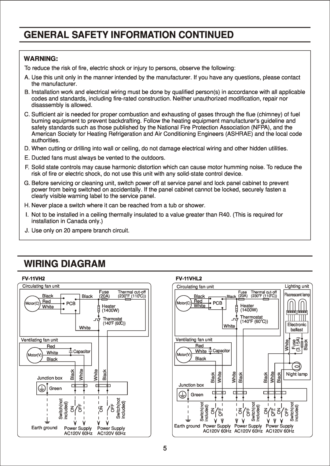 Panasonic FV-11VH2 manual General Safety Information Continued, Wiring Diagram 