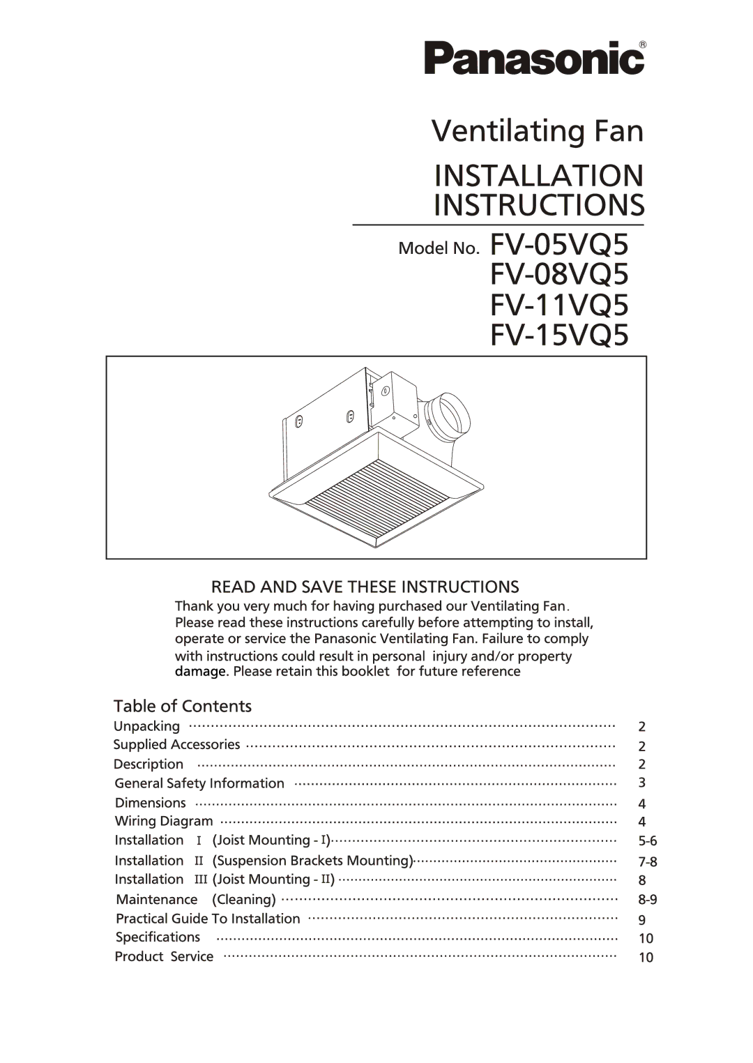 Panasonic FV-15VQ5, FV-11VQ5, FV-08VQ5, FV-05VQ5 manual 