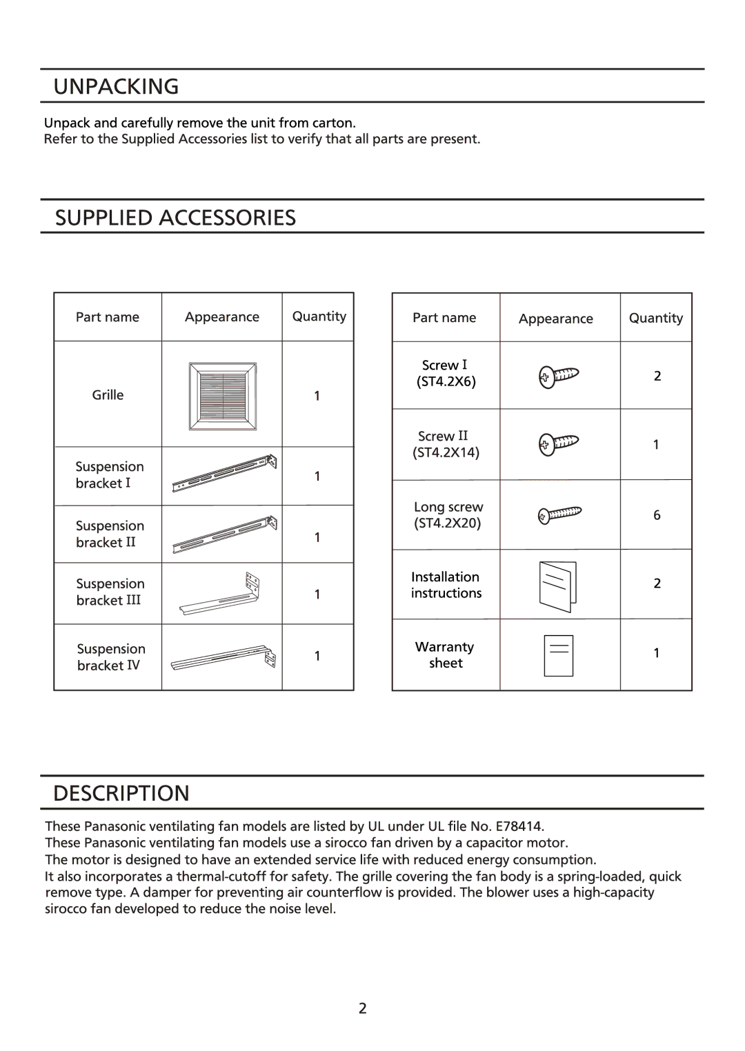 Panasonic FV-08VQ5, FV-11VQ5, FV-15VQ5, FV-05VQ5 manual 