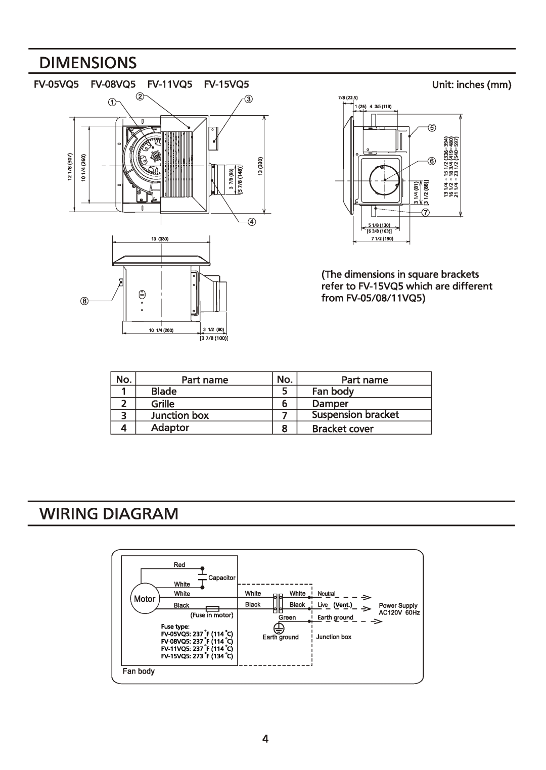 Panasonic FV-11VQ5, FV-15VQ5, FV-08VQ5, FV-05VQ5 manual 
