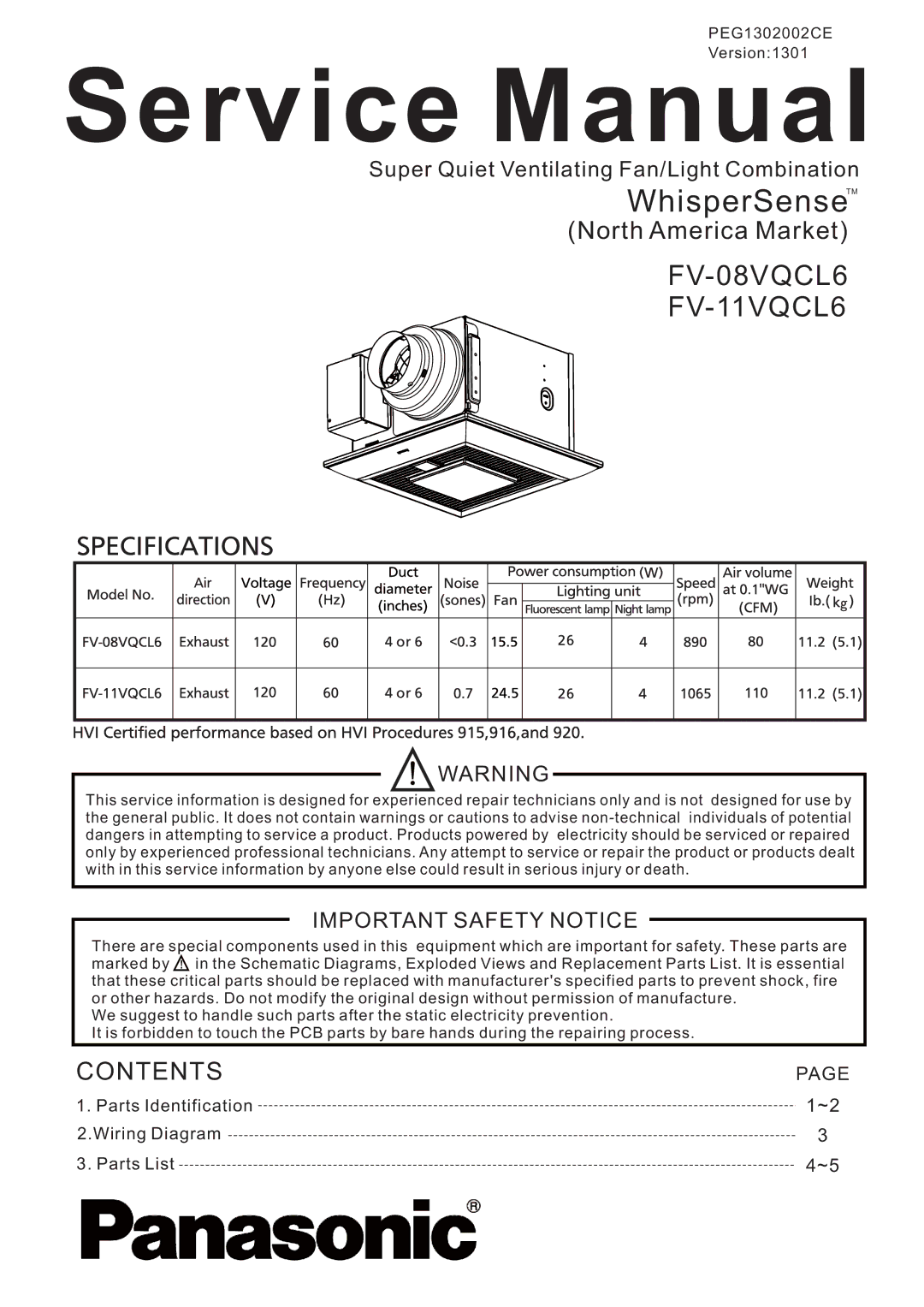 Panasonic FV-08VQCL6, FV-11VQCL6 service manual WhisperSenseTM 