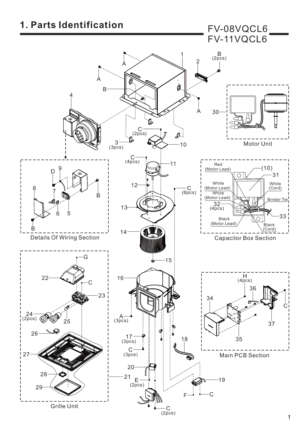 Panasonic FV-11VQCL6, FV-08VQCL6 service manual Parts Identification 