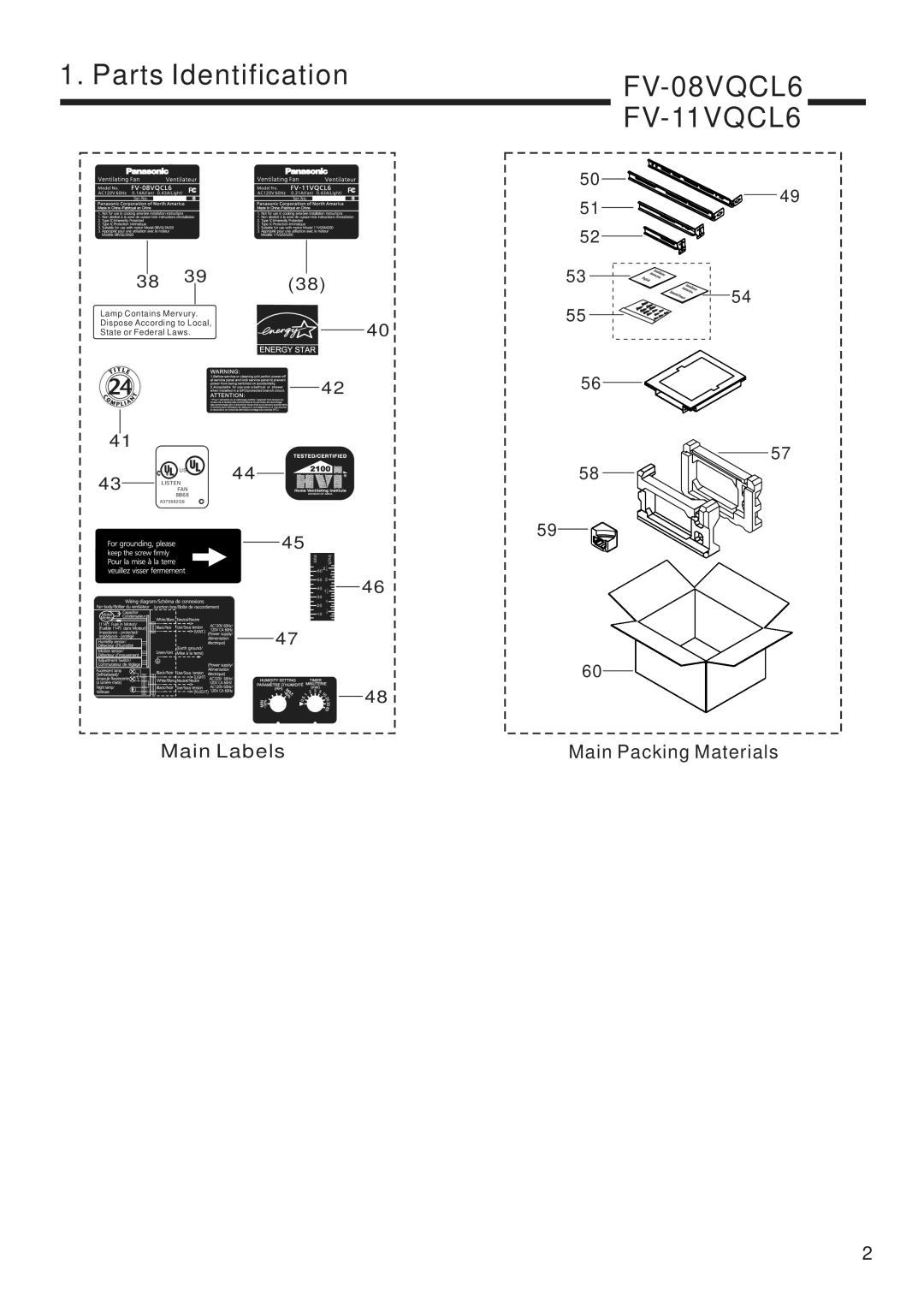 Panasonic FV-08VQCL6, FV-11VQCL6 service manual Main Labels Main Packing Materials 