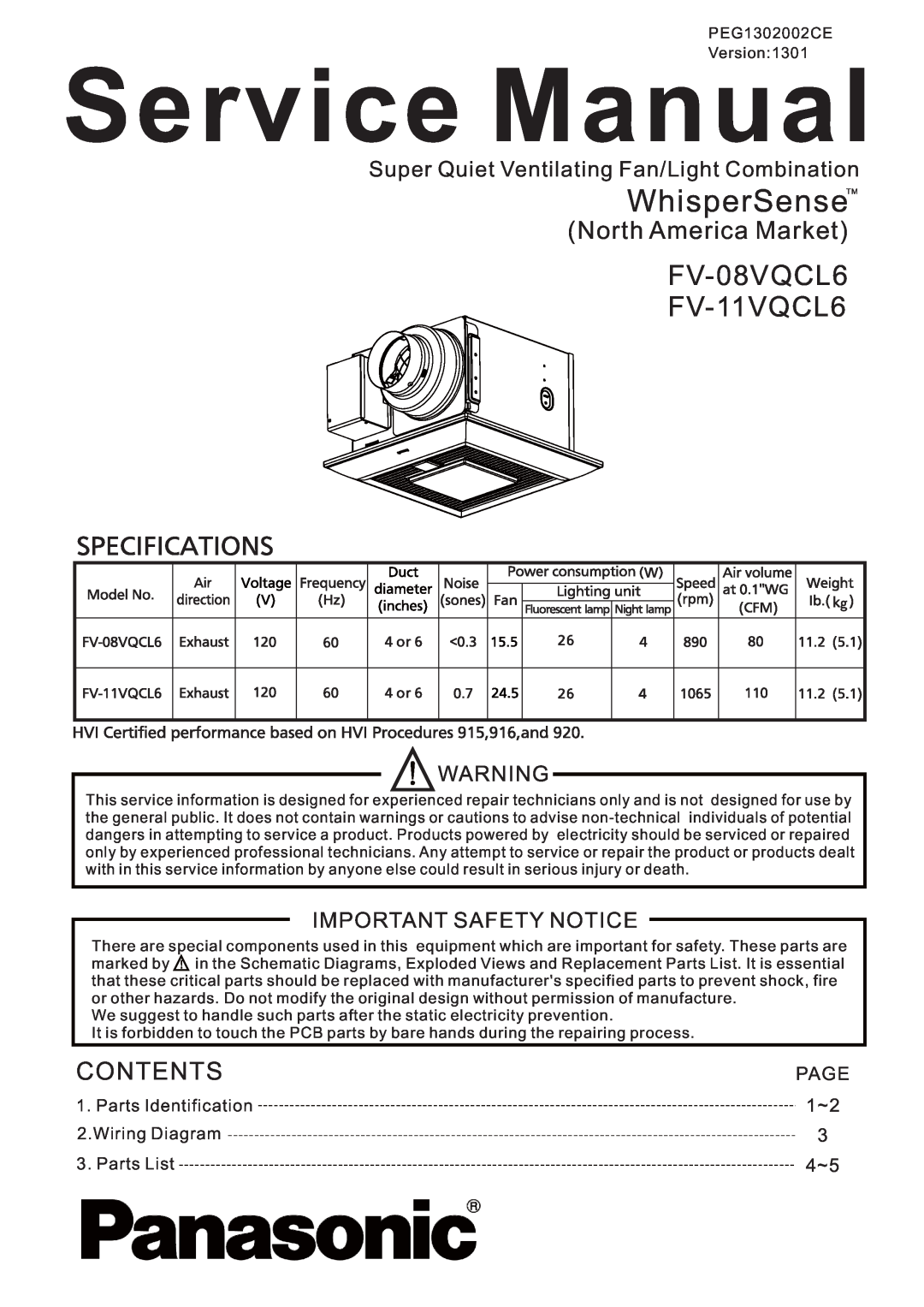 Panasonic service manual FV-08VQCL6 FV-11VQCL6, Page, WhisperSenseTM, North America Market, Contents 