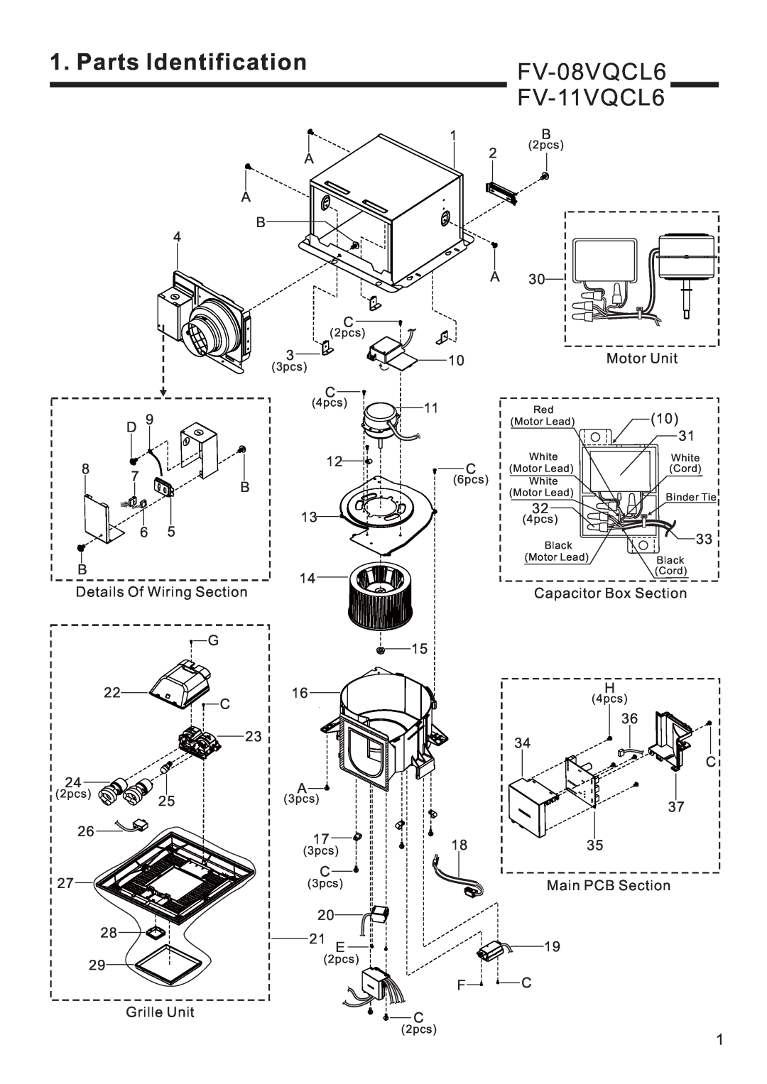 Panasonic FV-11VQCL6 service manual Parts Identification, FV-08VQCL6 