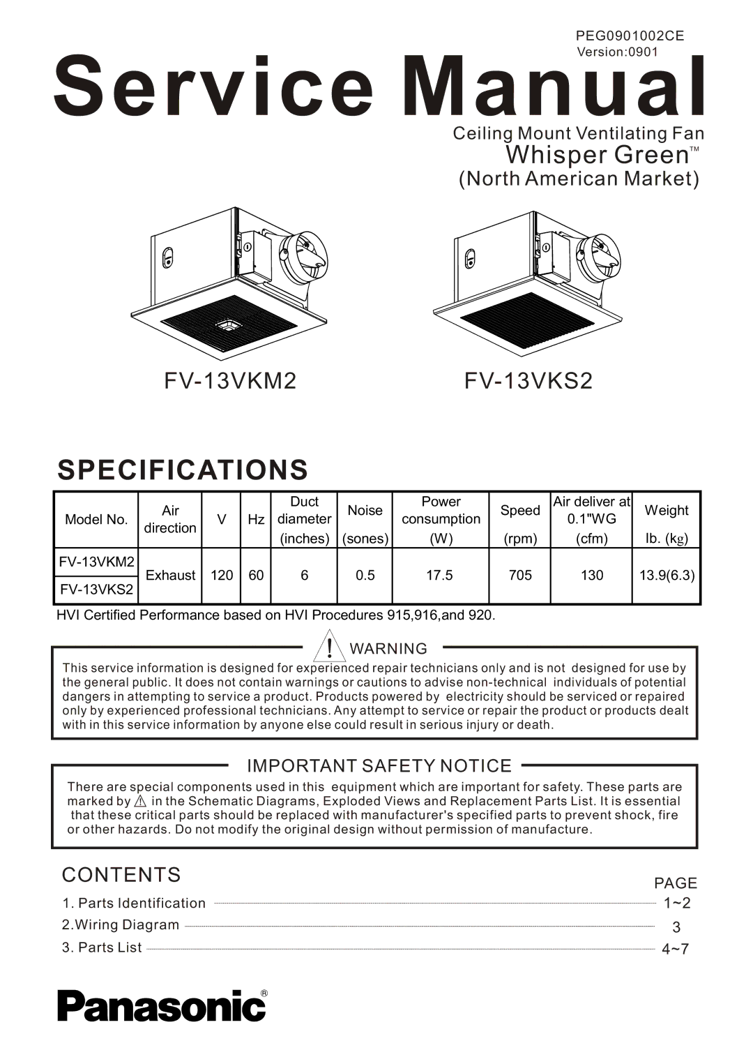 Panasonic service manual Specifications, FV-13VKM2FV-13VKS2 