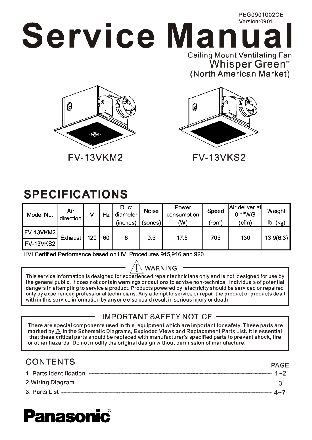 Panasonic service manual FV-13VKM2FV-13VKS2, Page, Specifications, Whisper GreenTM, North American Market, Contents 