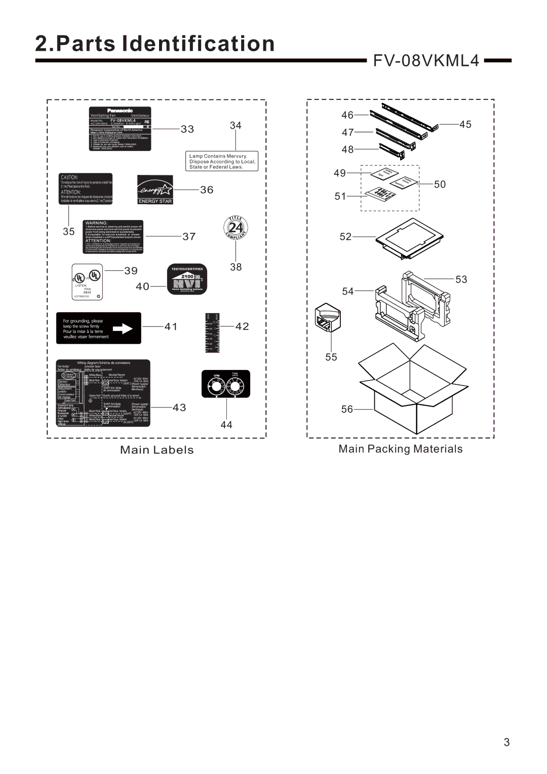 Panasonic FV-08VKML4, FV-13VKSL4, FV-11VKL4, FV-13VKML4, FV-08VKSL4, FV-08VKL4 service manual Main Labels Main Packing Materials 