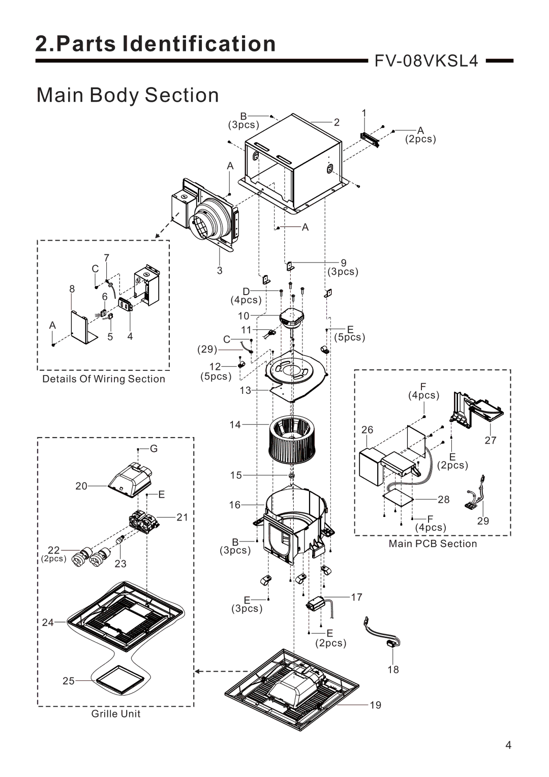 Panasonic FV-08VKL4, FV-13VKSL4, FV-11VKL4, FV-13VKML4, FV-08VKSL4, FV-08VKML4 2pcs 4pcs Details Of Wiring pcs 3pcs 