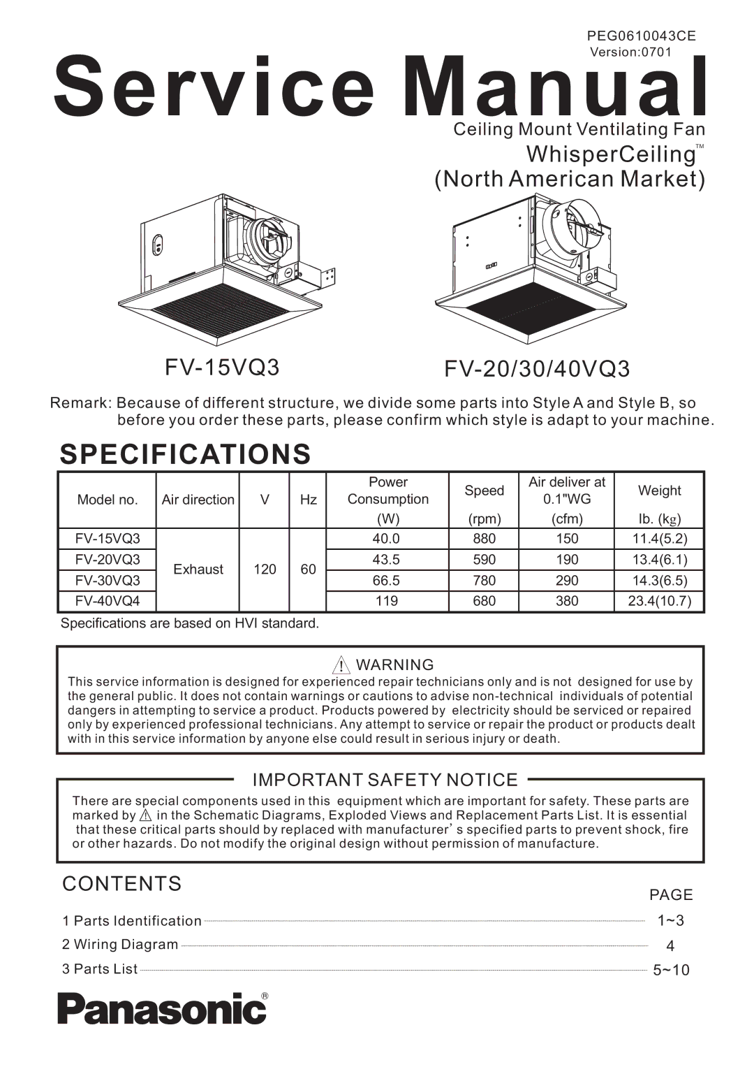 Panasonic FV-20/30/40VQ3, FV-15VQ3 service manual Specifications 