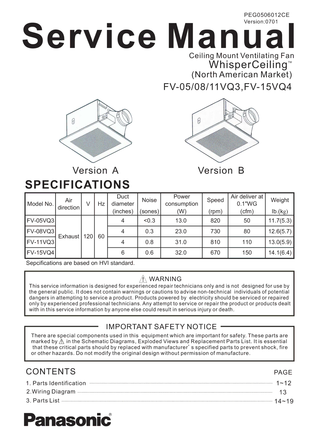 Panasonic FV-11VQ3, FV-08VQ3, FV-05VQ3 service manual Specifications, FV-05/08/11VQ3,FV-15VQ4 Version AVersion B 