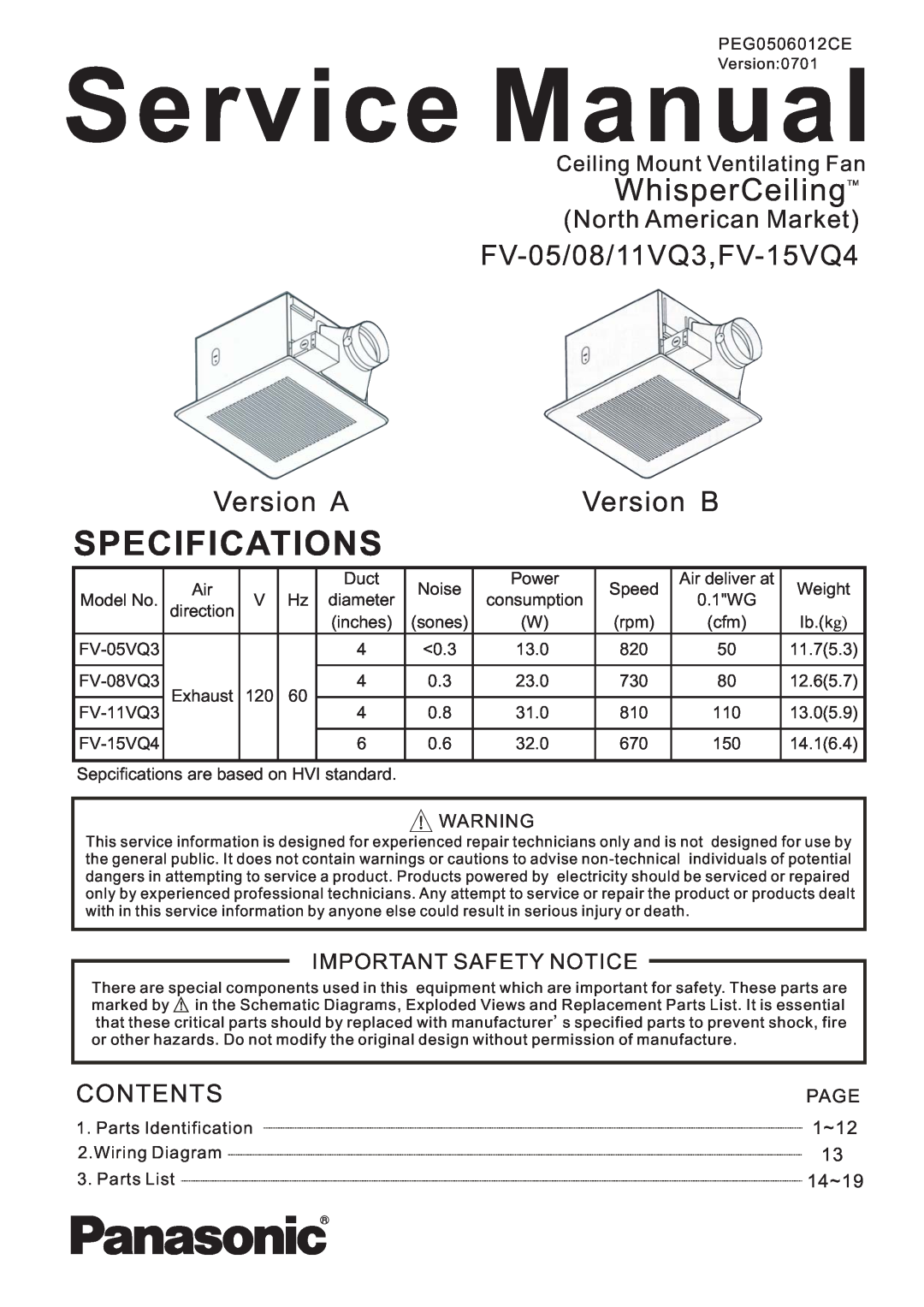 Panasonic FV-11VQ3, FV-08VQ3 service manual FV-05/08/11VQ3,FV-15VQ4 Version AVersion B, North American Market, Contents 