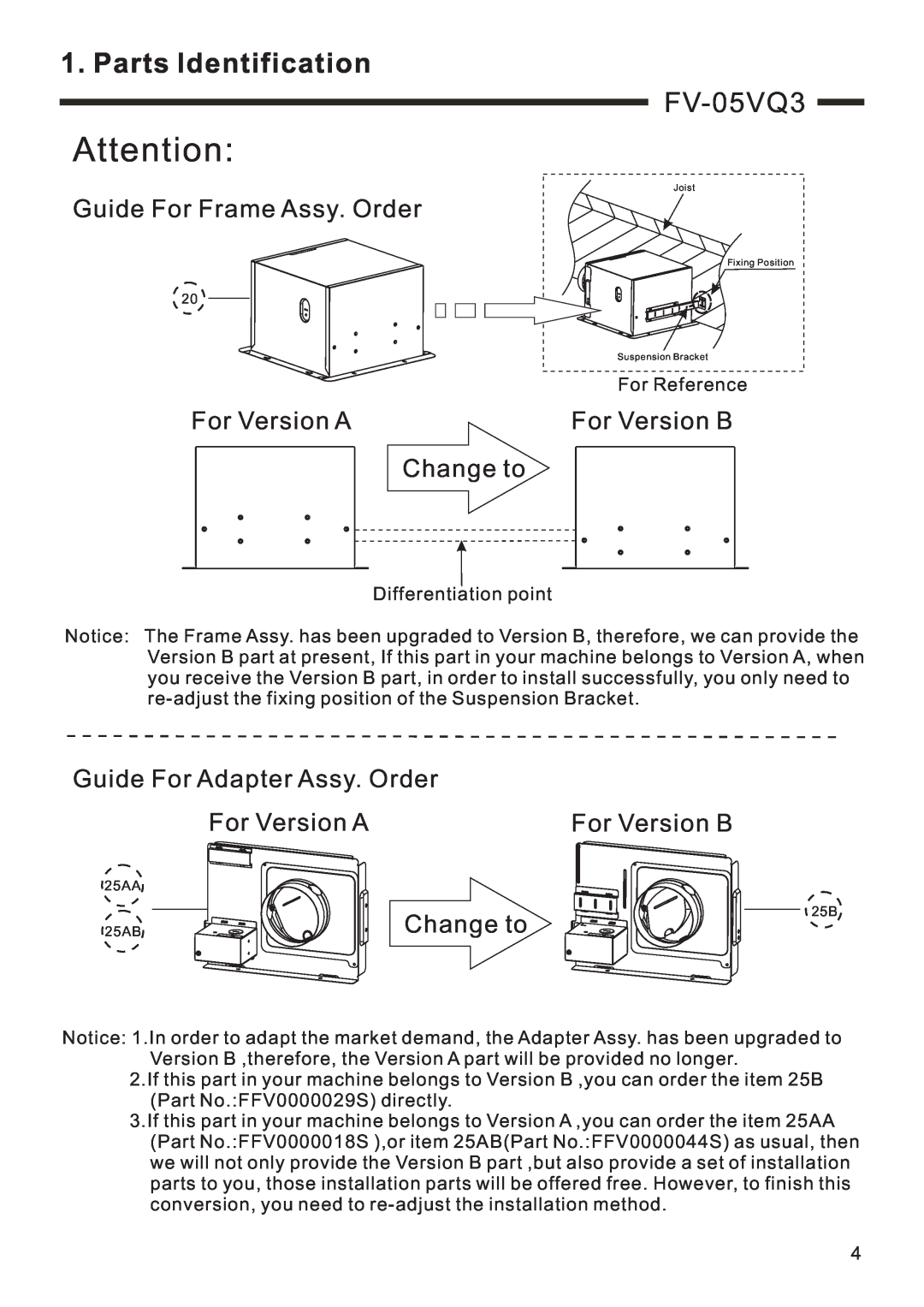 Panasonic FV-11VQ3 Guide For Frame Assy. Order, For Version A, For Version B, Change to, Guide For Adapter Assy. Order 