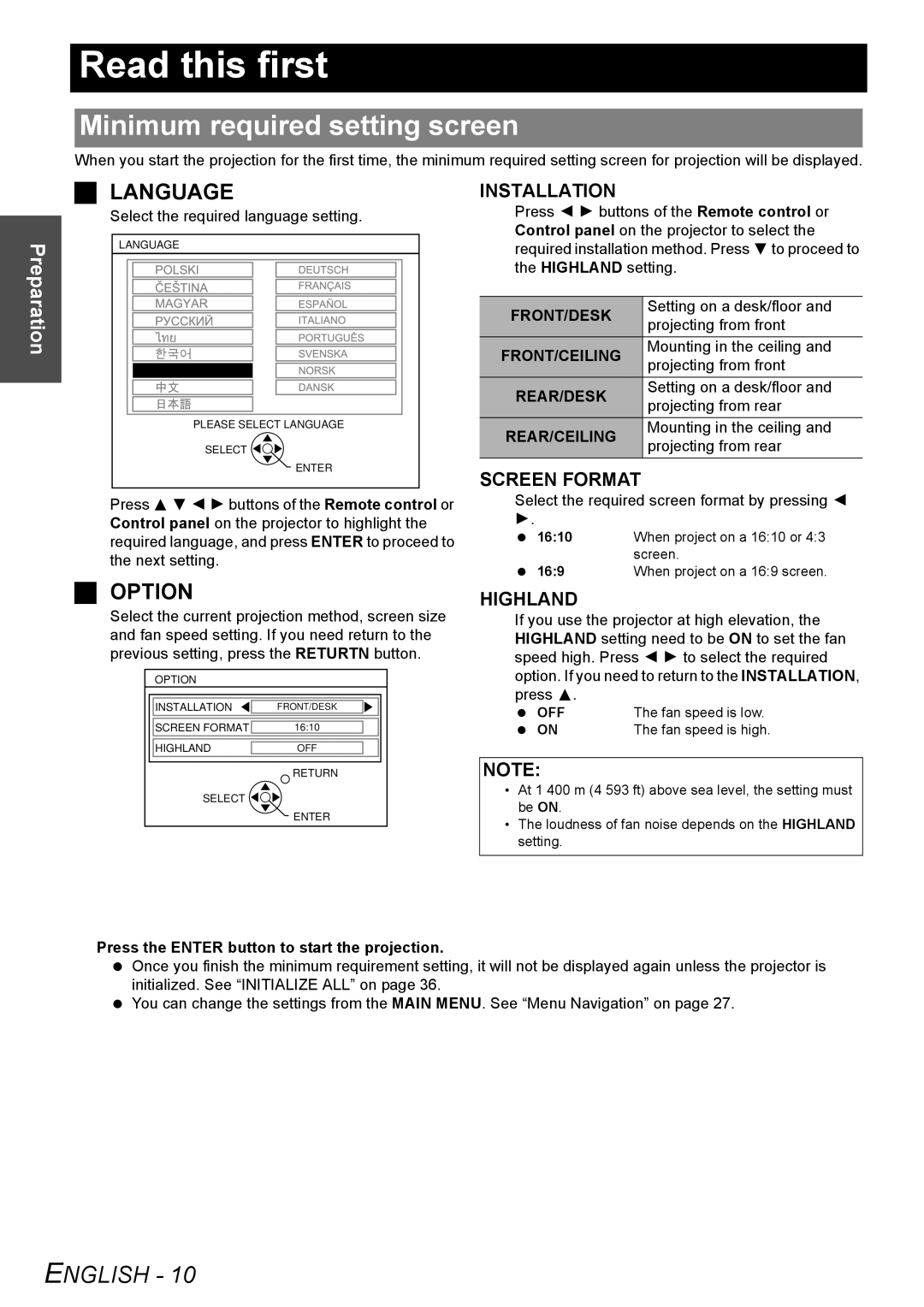 Panasonic FW100NTU manual Read this first, Minimum required setting screen, Preparation 