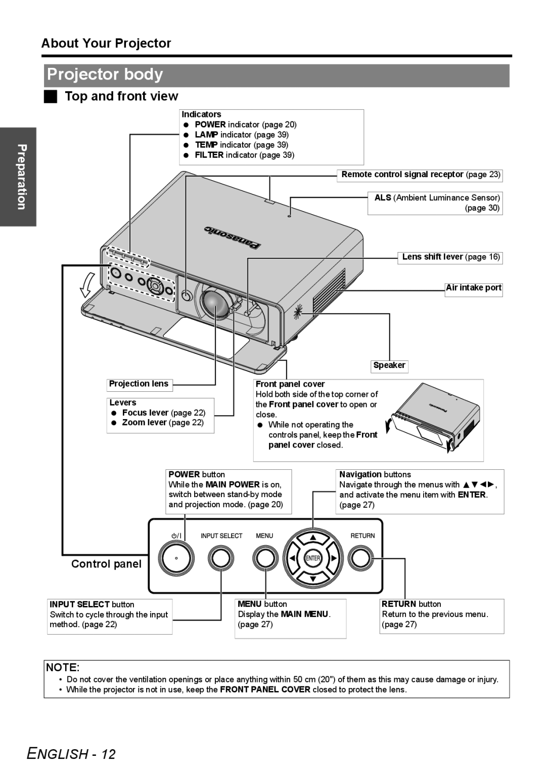 Panasonic FW100NTU manual Projector body, About Your Projector, Top and front view, Control panel 