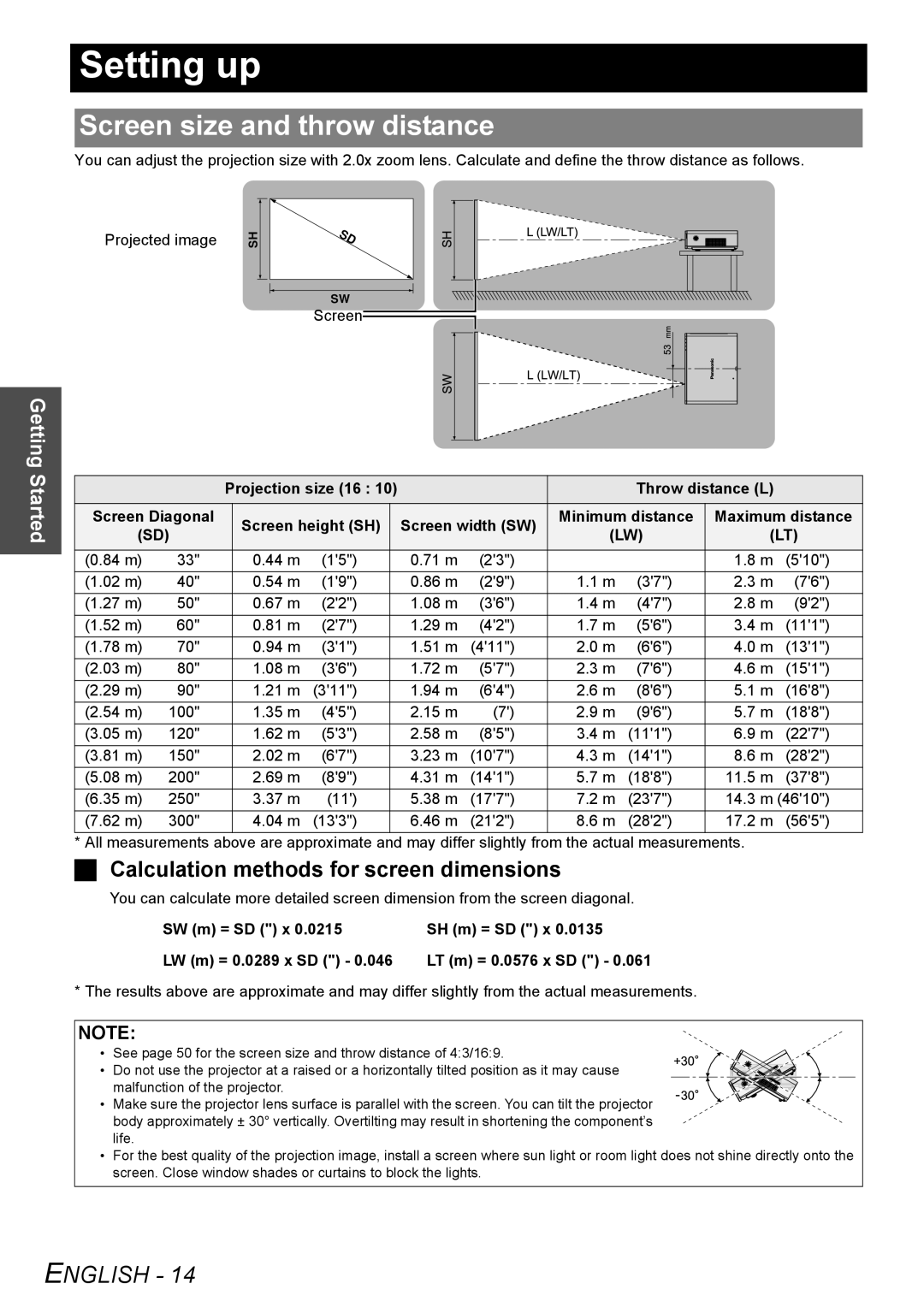 Panasonic FW100NTU Setting up, Screen size and throw distance, Calculation methods for screen dimensions, Getting Started 