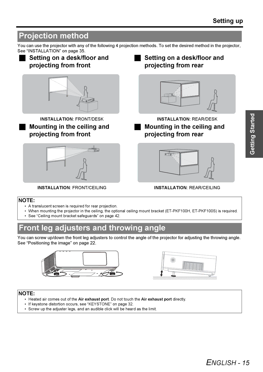 Panasonic FW100NTU manual Projection method, Front leg adjusters and throwing angle, Setting up 