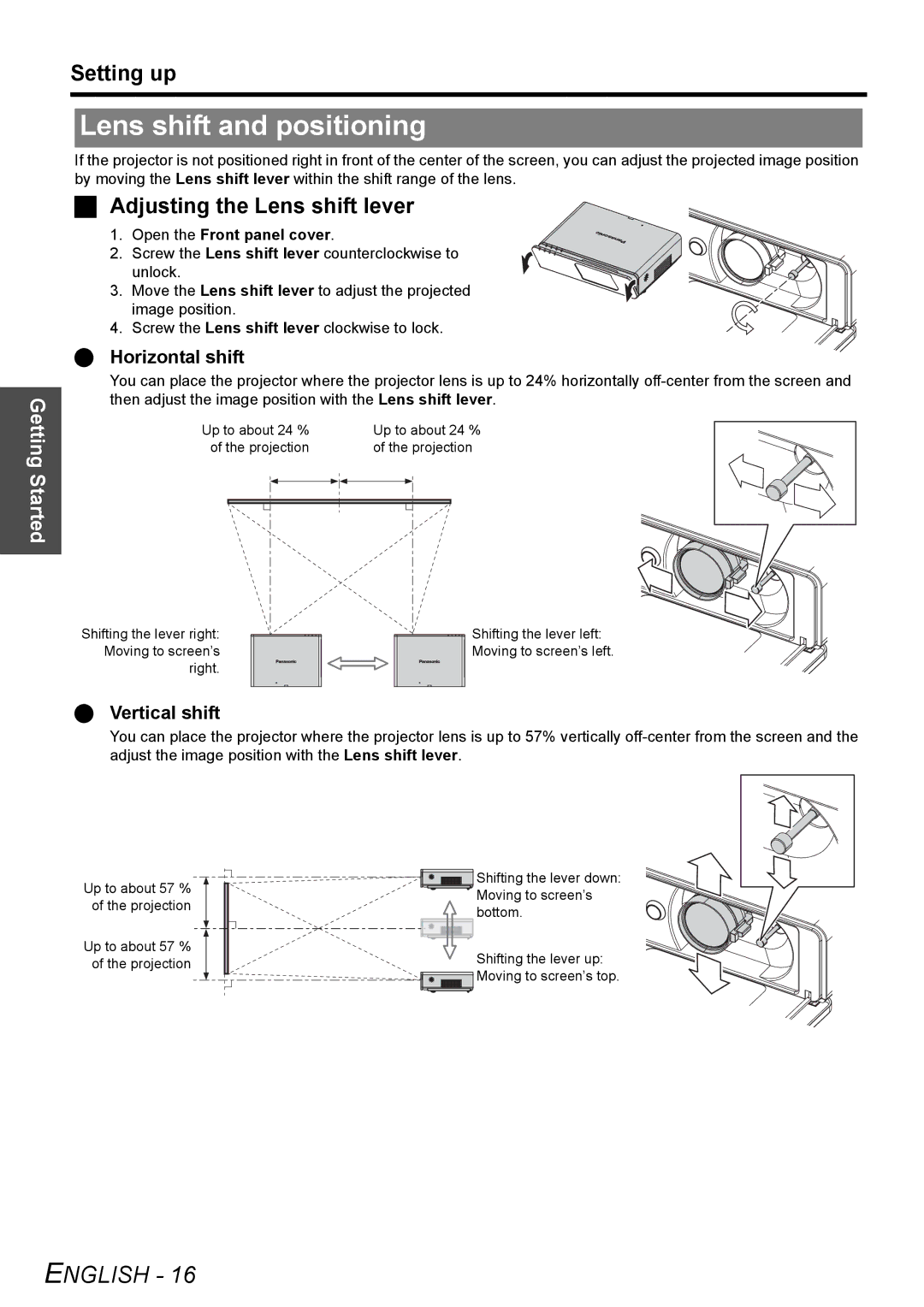 Panasonic FW100NTU manual Lens shift and positioning, Adjusting the Lens shift lever, Horizontal shift, Vertical shift 