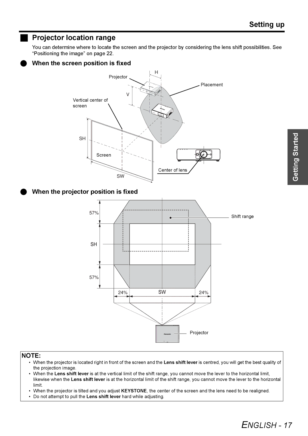 Panasonic FW100NTU manual Setting up Projector location range, When the screen position is fixed 