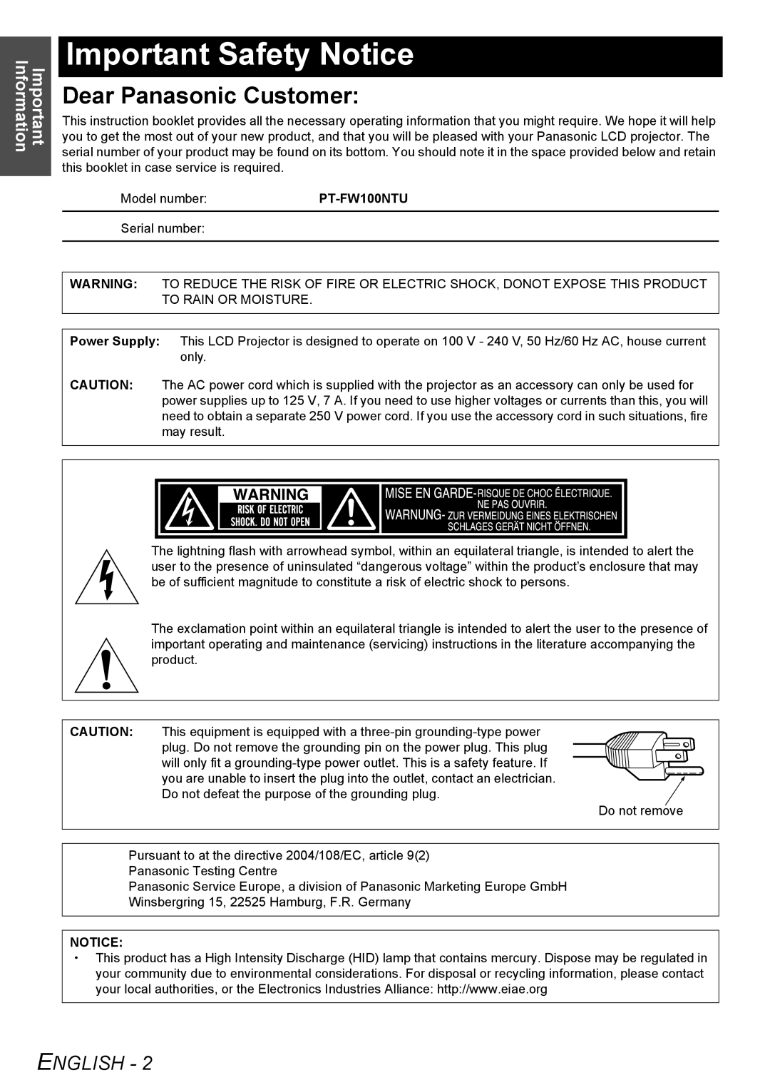 Panasonic manual Important Safety Notice, Important Information, PT-FW100NTU 