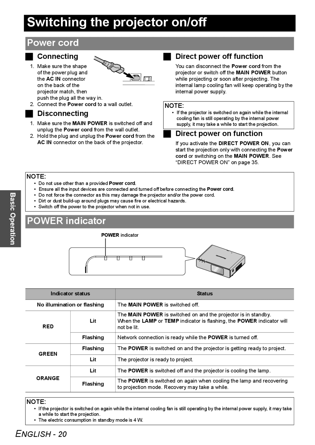 Panasonic FW100NTU manual Switching the projector on/off, Power cord, Power indicator 