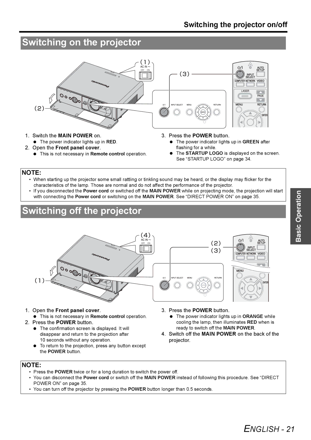 Panasonic FW100NTU manual Switching on the projector, Switching off the projector, Switching the projector on/off 