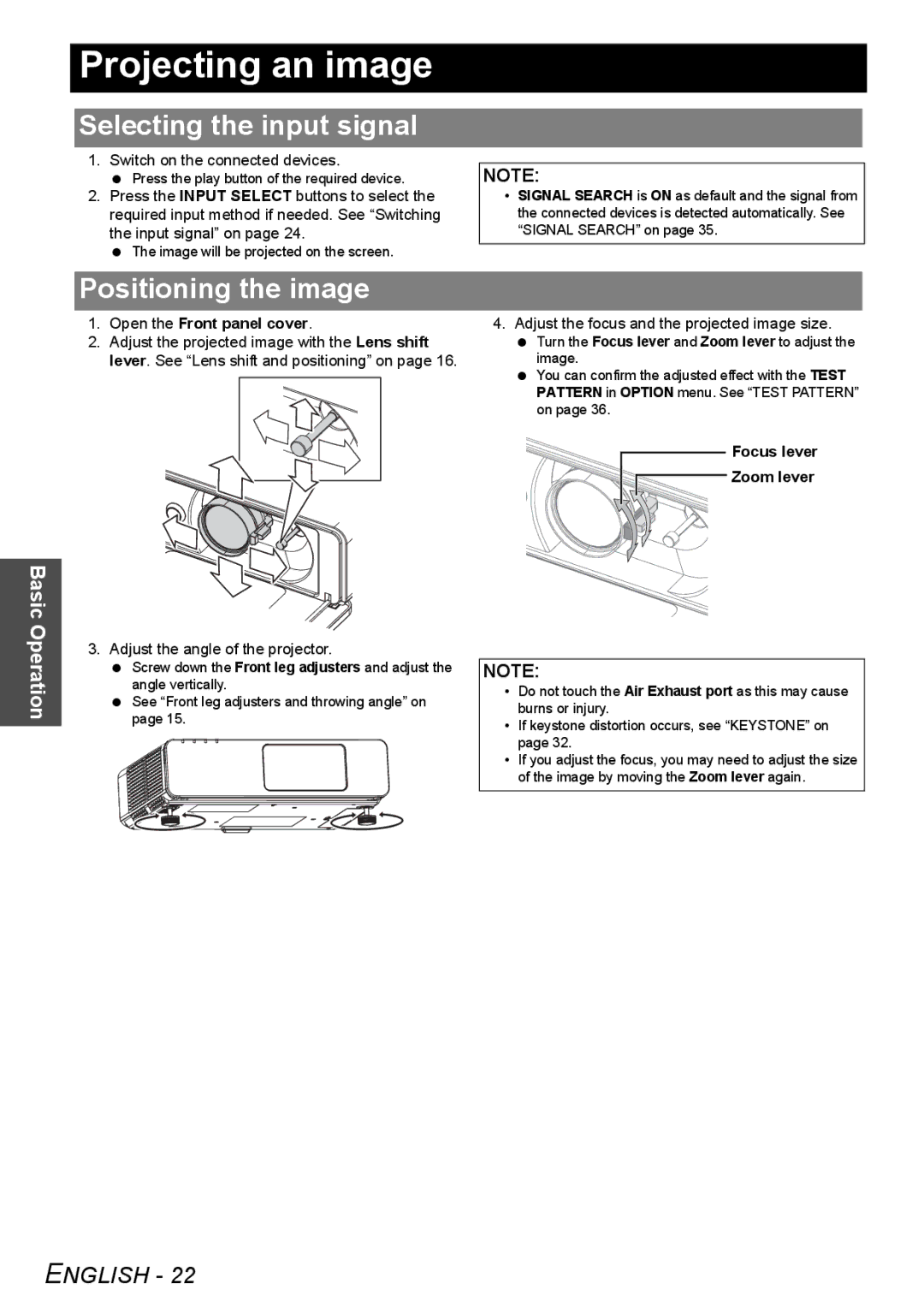 Panasonic FW100NTU manual Projecting an image, Selecting the input signal, Positioning the image, Focus lever Zoom lever 