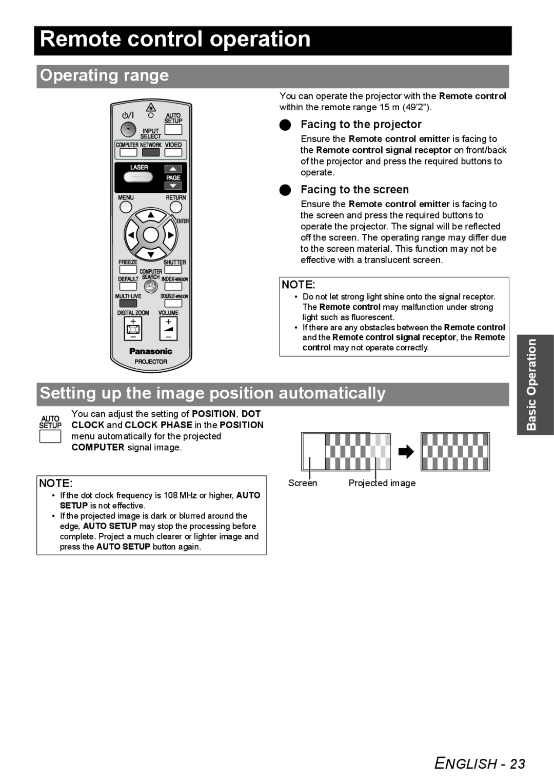 Panasonic FW100NTU manual Remote control operation, Operating range, Setting up the image position automatically, Operation 