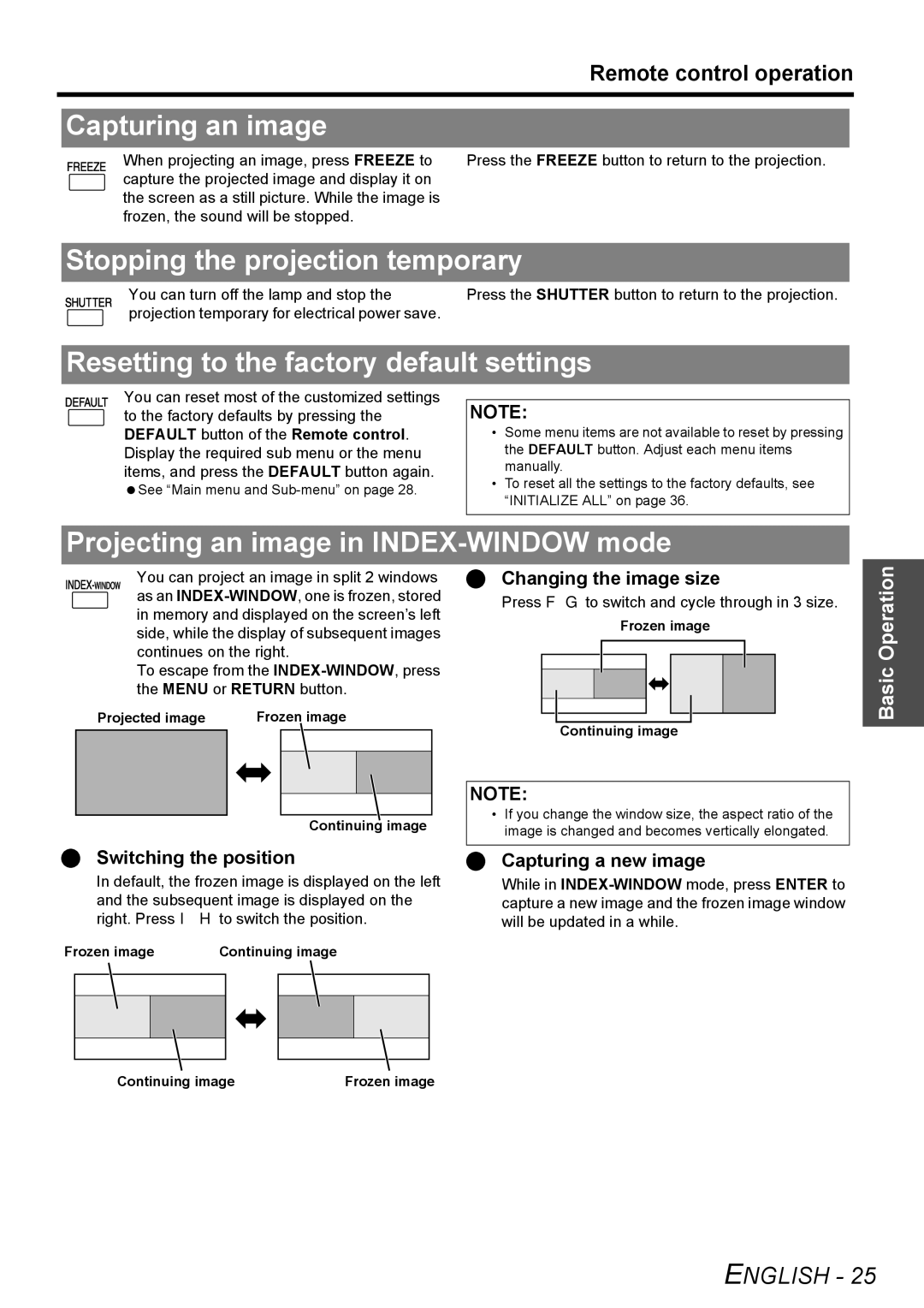 Panasonic FW100NTU manual Capturing an image, Stopping the projection temporary, Resetting to the factory default settings 