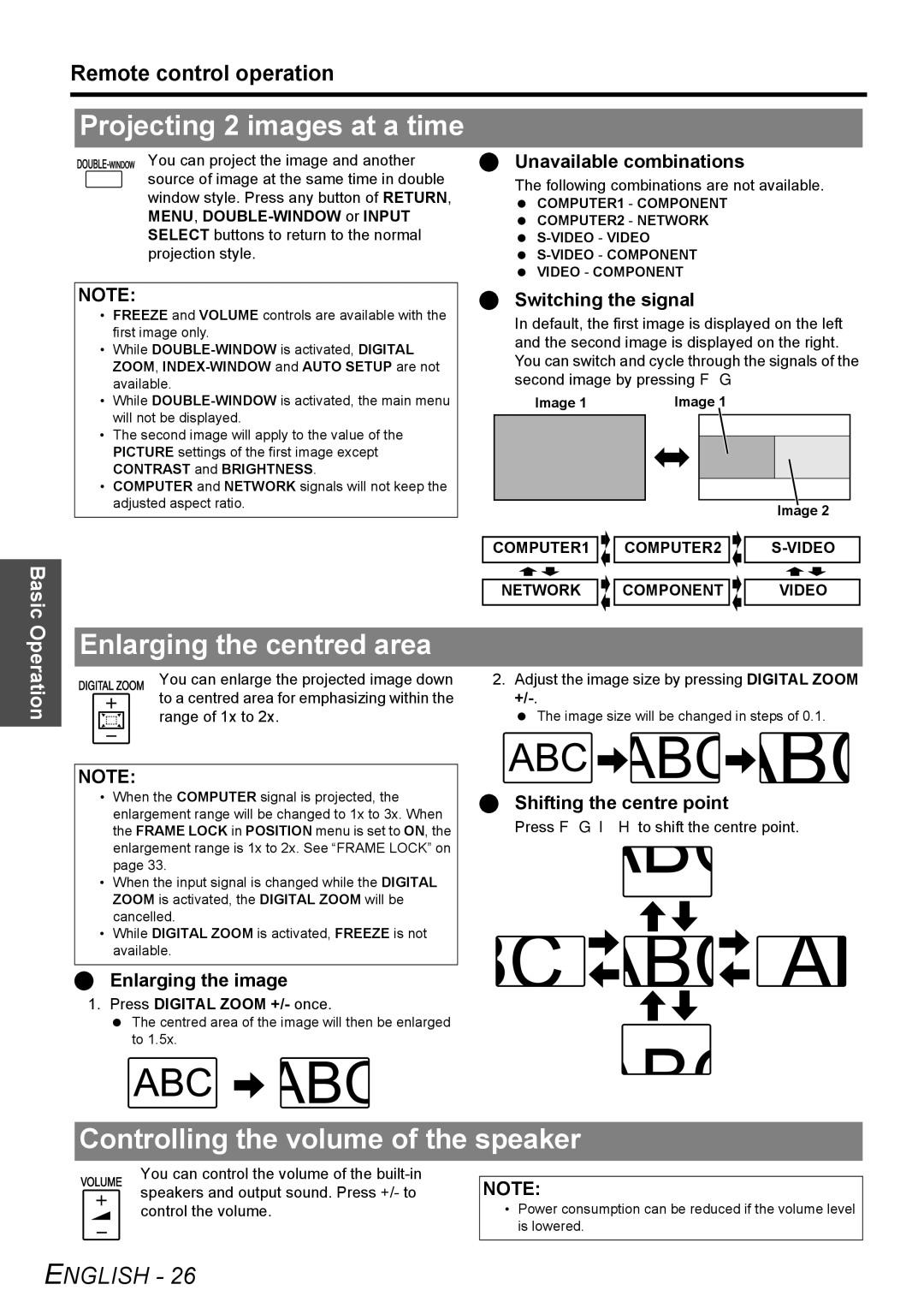 Panasonic FW100NTU manual Projecting 2 images at a time, Enlarging the centred area, Controlling the volume of the speaker 