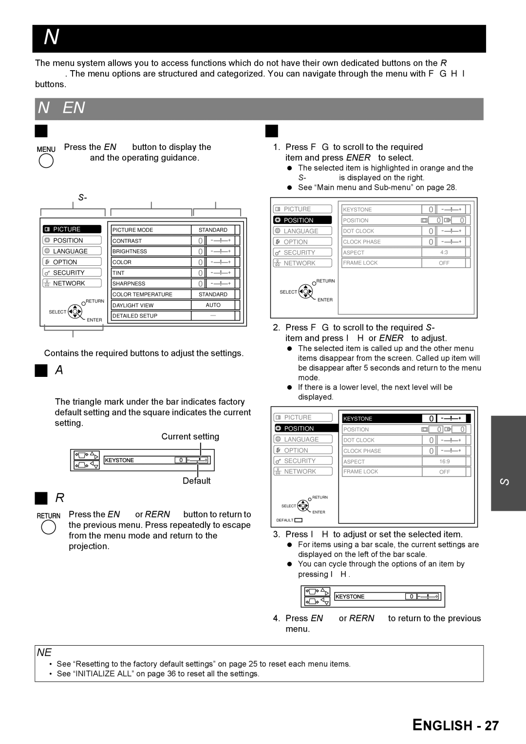 Panasonic FW100NTU Menu Navigation, Navigating through the Menu, Displaying the Main menu, Returning to the previous menu 