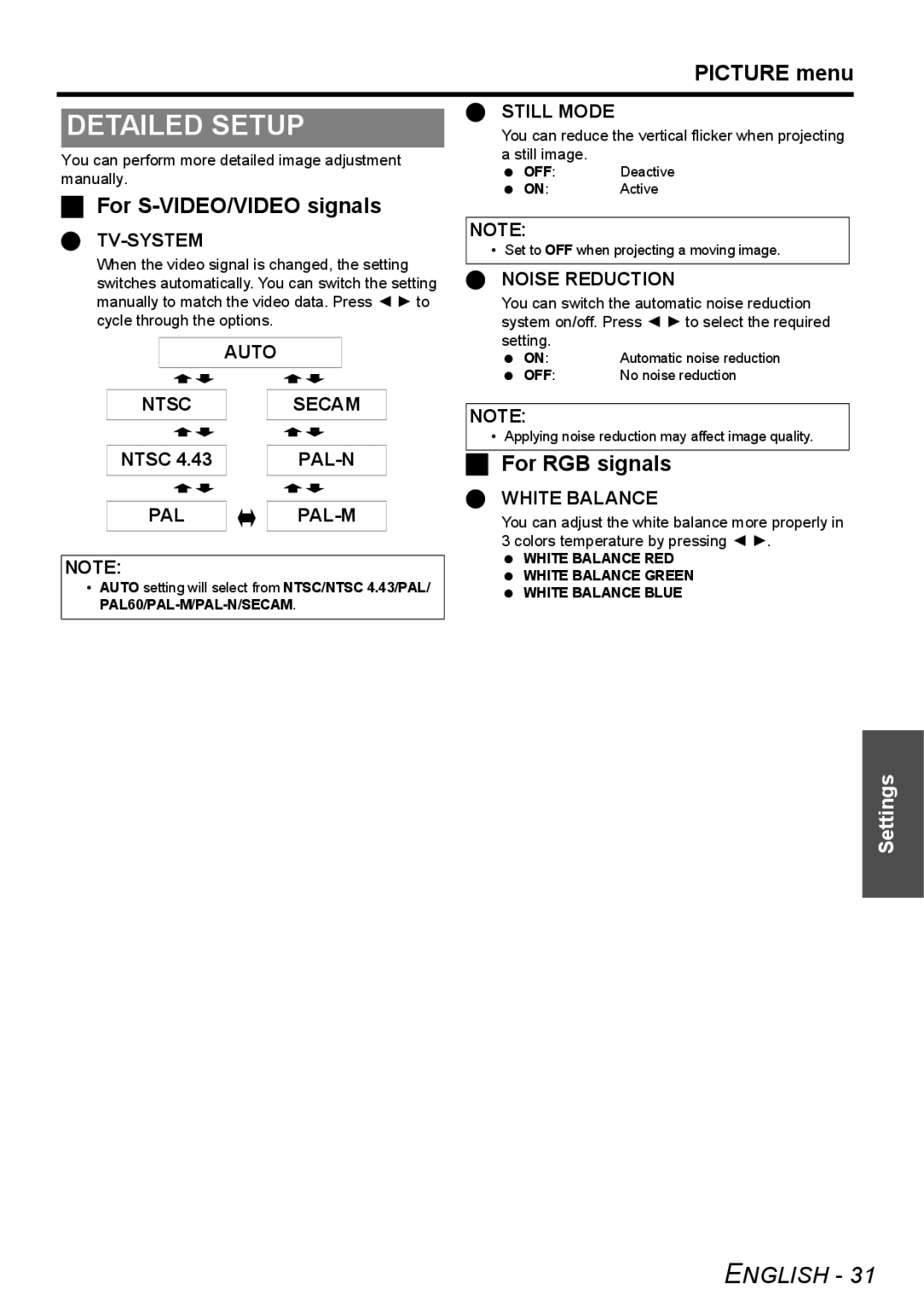 Panasonic FW100NTU manual Detailed Setup, For S-VIDEO/VIDEO signals, For RGB signals 