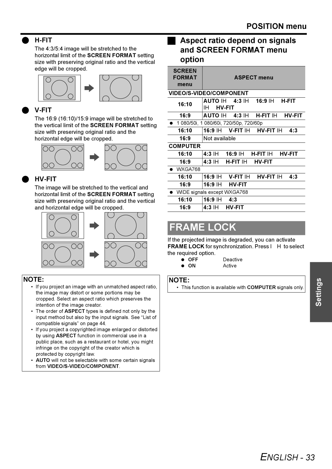 Panasonic FW100NTU manual Frame Lock, Aspect ratio depend on signals, Screen Format menu, Option 