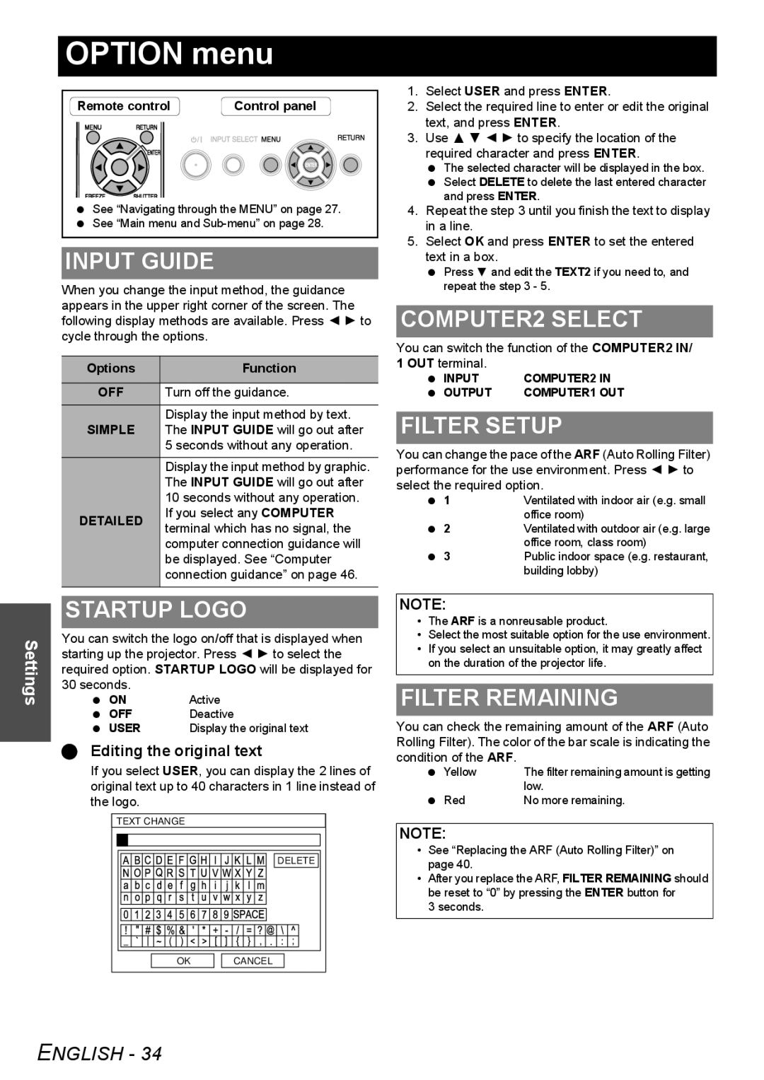 Panasonic FW100NTU manual Option menu 