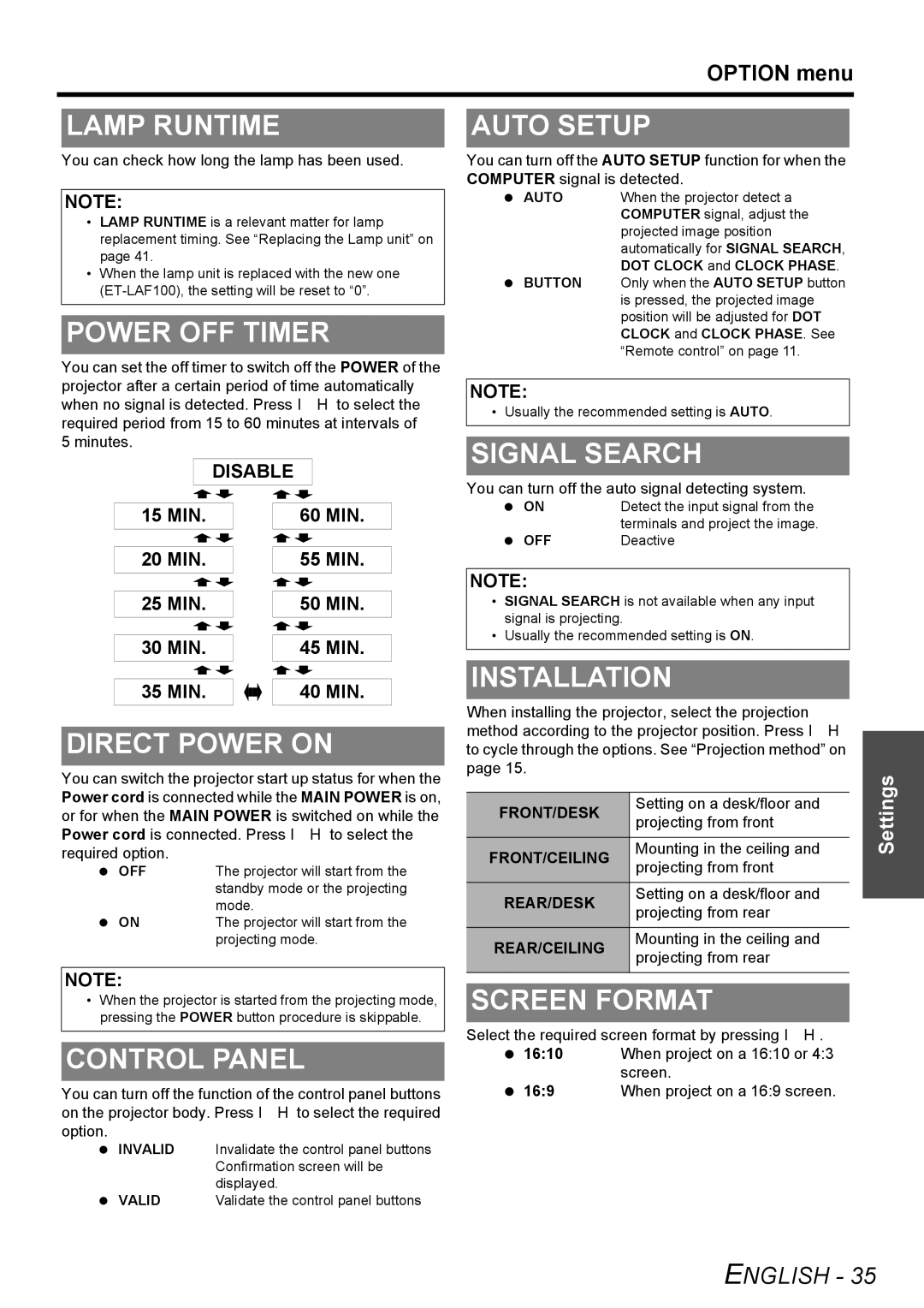 Panasonic FW100NTU Lamp Runtime, Power OFF Timer, Auto Setup, Signal Search, Direct Power on, Control Panel, Installation 