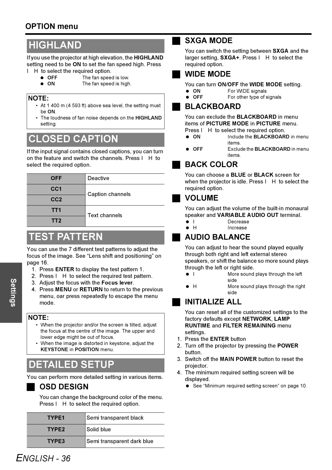 Panasonic FW100NTU manual Highland, Closed Caption, Test Pattern 