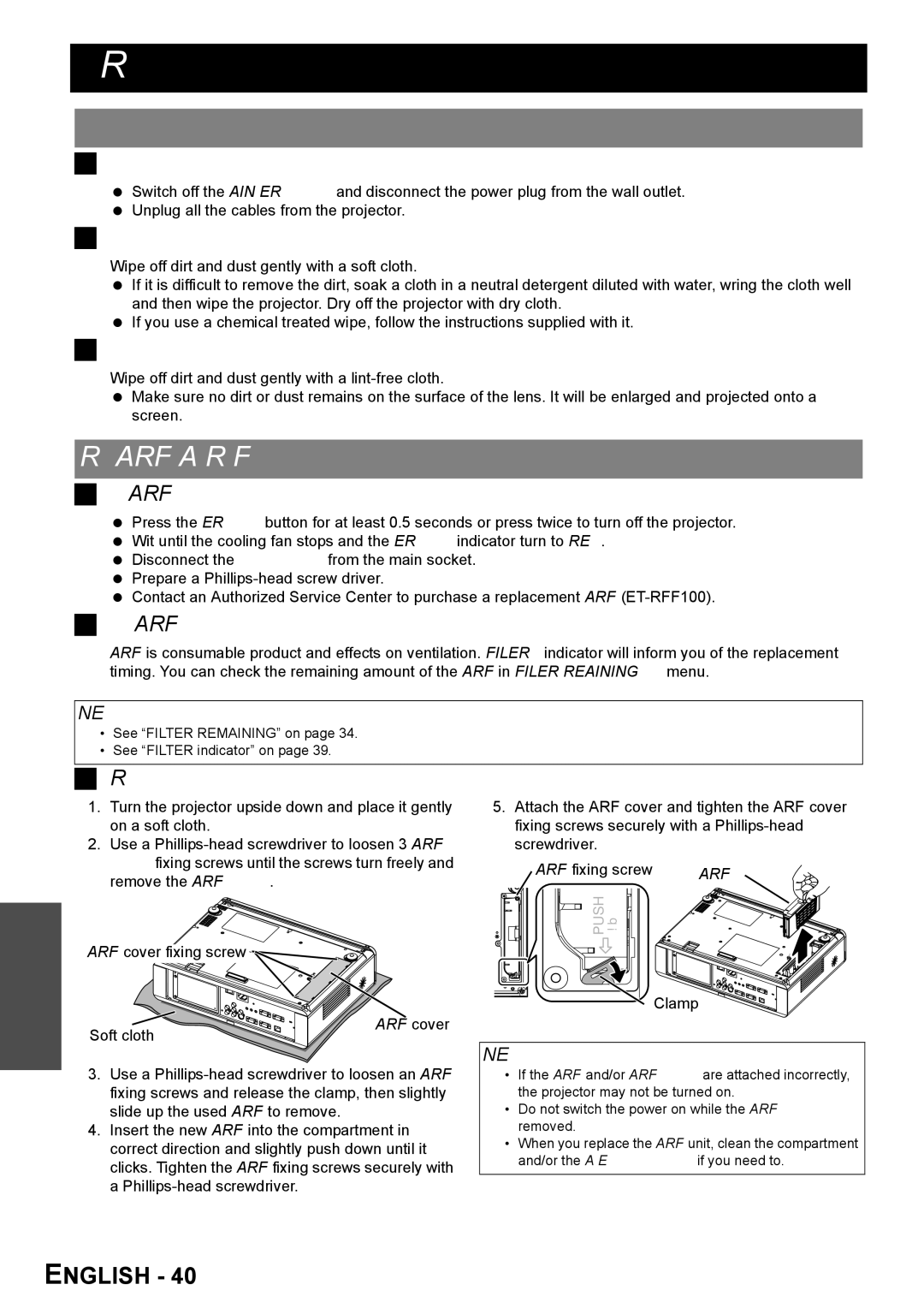 Panasonic FW100NTU manual Care and Replacement, Cleaning the projector, Replacing the ARF Auto Rolling Filter 