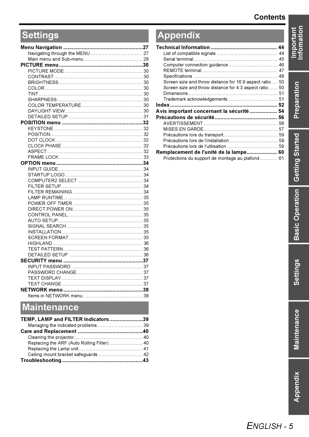 Panasonic FW100NTU manual Settings, Appendix, Maintenance, Contents 