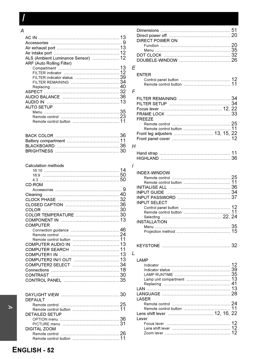 Panasonic FW100NTU manual Index, ALS Ambient Luminance Sensor ARF Auto Rolling Filter, Calculation methods, Lever 