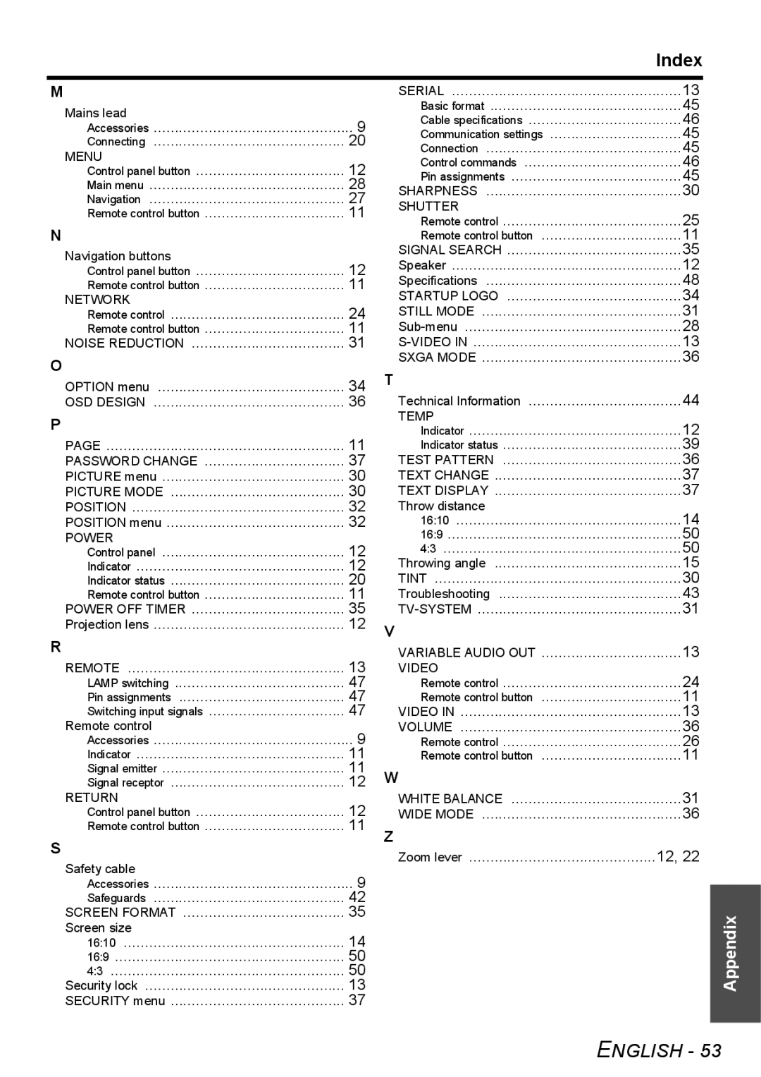 Panasonic FW100NTU manual Index, Mains lead, Navigation buttons, Screen size, Technical Information 