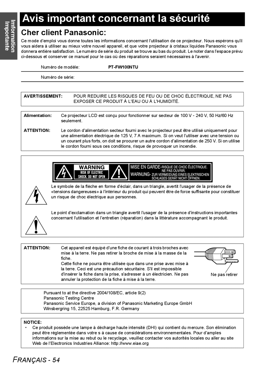 Panasonic FW100NTU manual Avis important concernant la sécurité, Imformation Importante, Numéro de série 