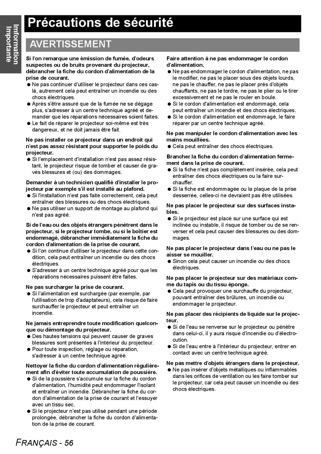 Panasonic FW100NTU manual Précautions de sécurité, Avertissement 