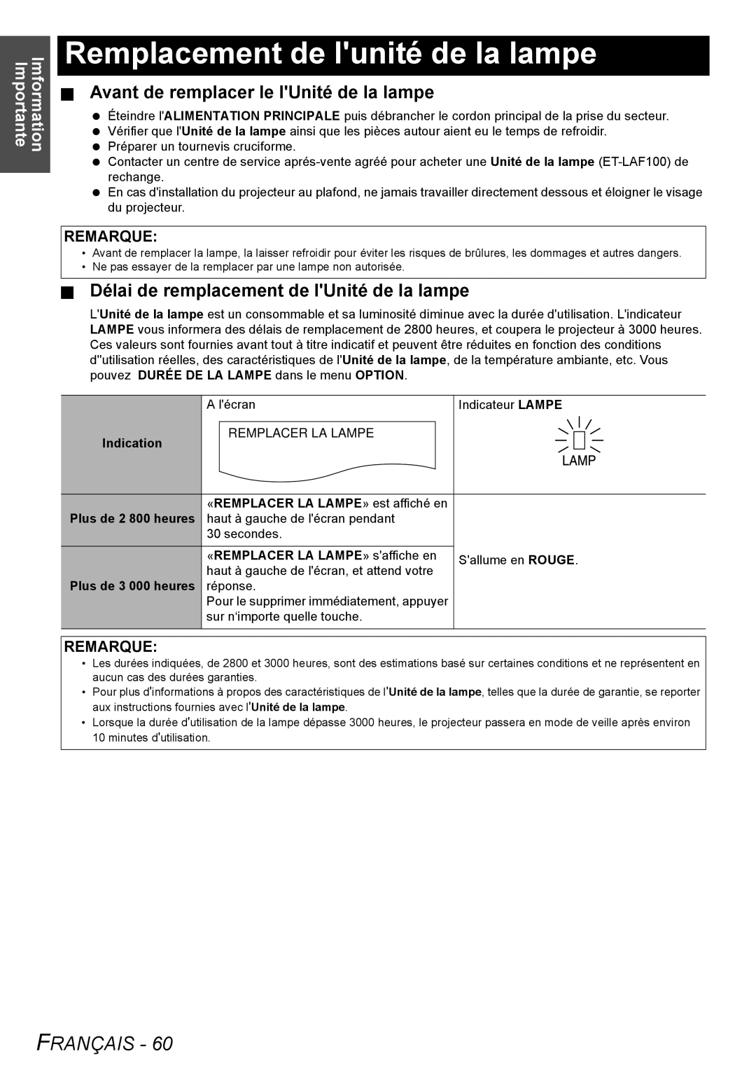 Panasonic FW100NTU manual Remplacement de lunité de la lampe, Avant de remplacer le lUnité de la lampe 