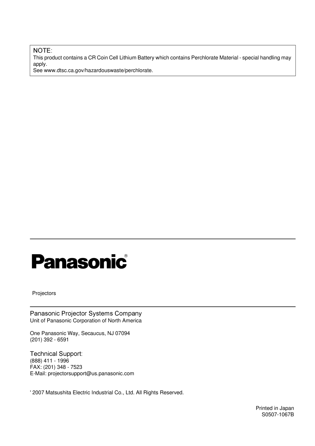 Panasonic FW100NTU manual Panasonic Projector Systems Company, Technical Support 