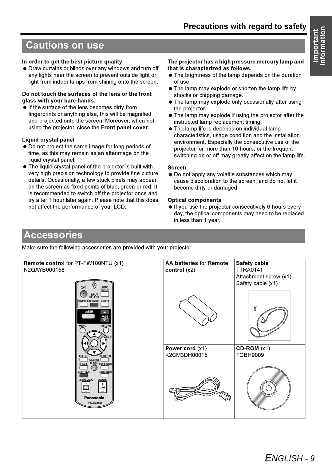 Panasonic FW100NTU manual Accessories 