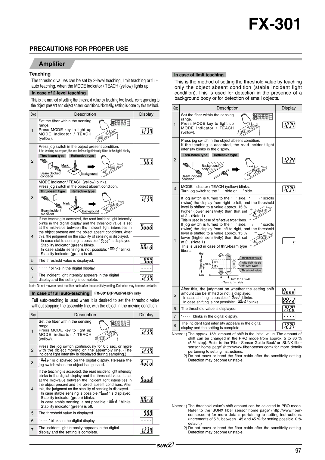 Panasonic manual Teaching, Case of 2-level teaching, Step Description, Case of full auto-teaching FX-301BP/GP/HP only 