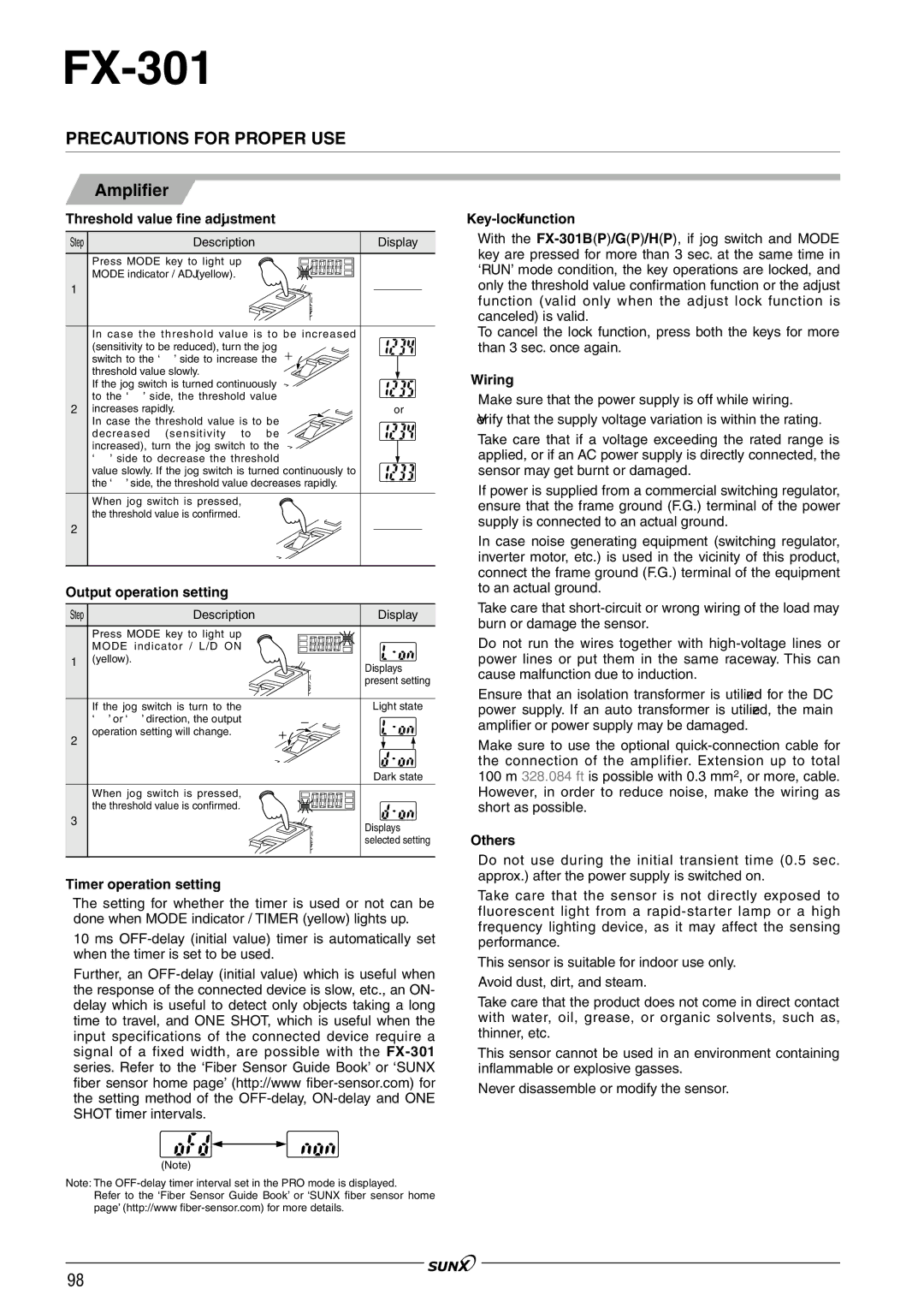 Panasonic FX-301 Threshold value fine adjustment, Output operation setting, Timer operation setting, Key-lock function 