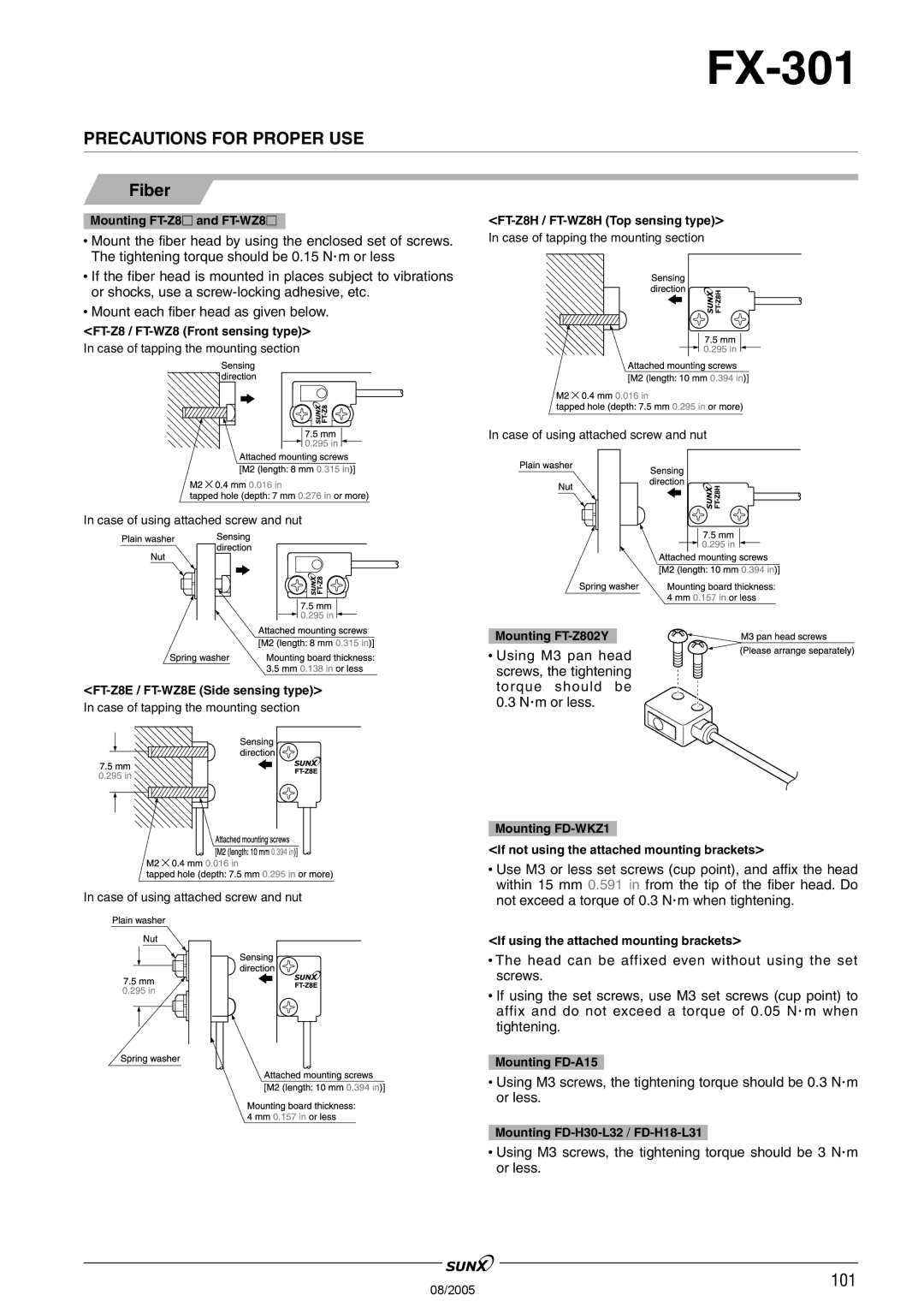 Panasonic FX-301 manual Mounting FT-Z8and FT-WZ8, FT-Z8 / FT-WZ8 Front sensing type, FT-Z8H / FT-WZ8H Top sensing type 